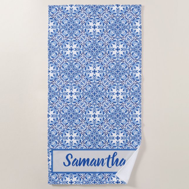 Royal Blue and White Geometric Mediterranean Tile  Beach Towel (Front)