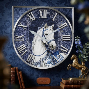 Royal Blue and White Horse Tapestry Large Clock