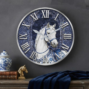 Royal Blue and White Horse Tapestry Large Clock