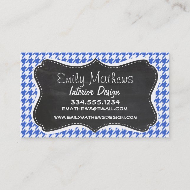 Royal Blue and White Houndstooth; Chalkboard look Business Card (Front)