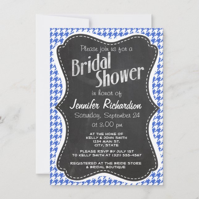 Royal Blue and White Houndstooth; Chalkboard look Invitation (Front)