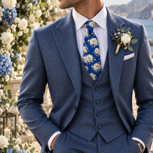 Royal Blue and White Peony Gold Outline Floral Tie