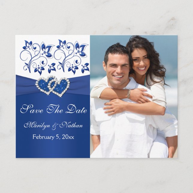 Royal Blue and White Save the Date Photo Card (Front)