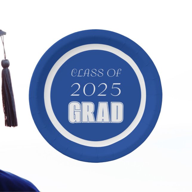Royal Blue and White School Colours Graduation Paper Plate (In Situ Graduation)