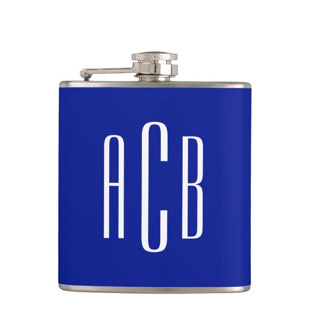 Royal Blue and White Simple Three Letter Monogram Hip Flask (Front)