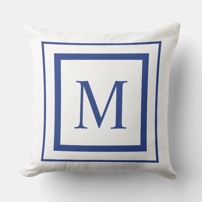 Royal blue and white  square border monogram cushion (Front)