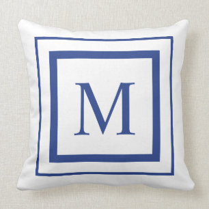 Royal blue and white square border monogram cushion