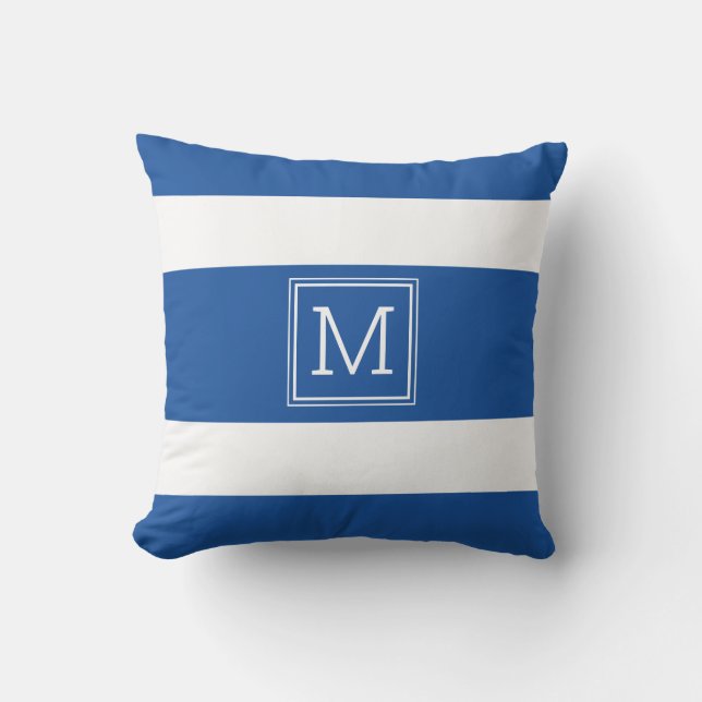 Royal Blue And White Stripes Simple Monogram Cushion (Front)