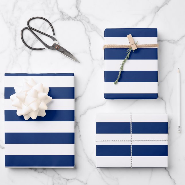 Royal Blue and White Stripes Wrapping Paper Sheet (Front)