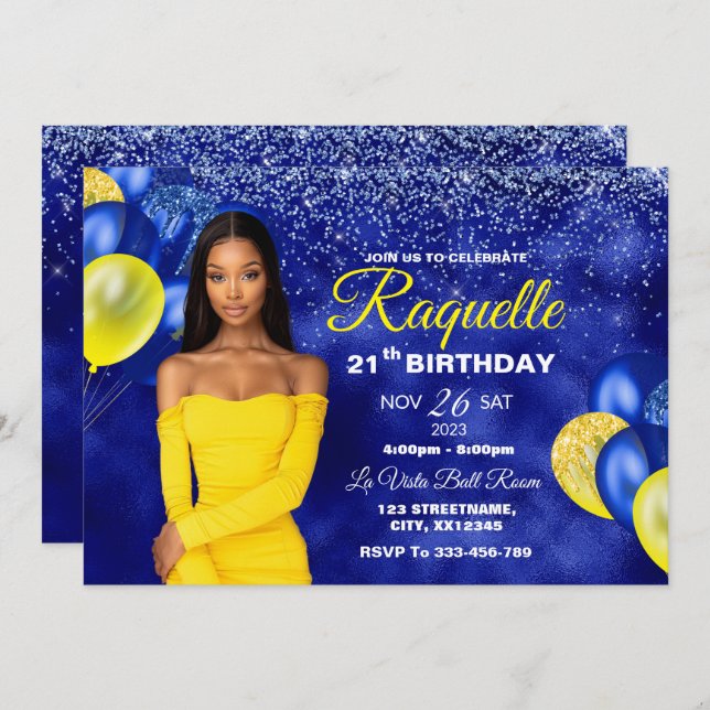 Royal Blue and Yellow Birthday Invitation (Front/Back)
