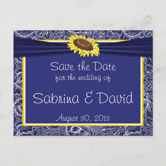 Royal Blue and Yellow Sunflowers Save the Date Announcement Postcard (Front)