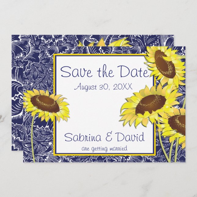 Royal Blue and Yellow Sunflowers Save the Date Invitation (Front/Back)