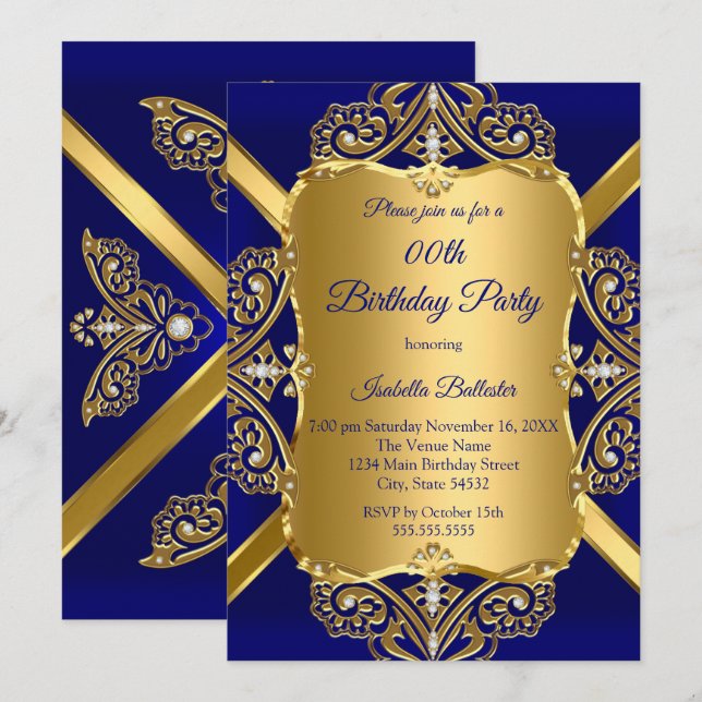 Royal Blue Any Age Birthday Party Gold Diamond 2 Invitation (Front/Back)