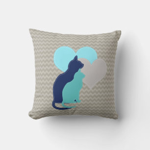 Royal Blue, Aqua, Grey Cats on ChevronThrow Pillow