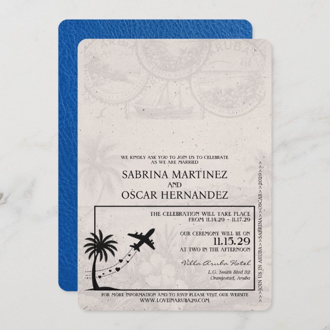 Royal Blue Aruba Passport Wedding Invitation (Front/Back)