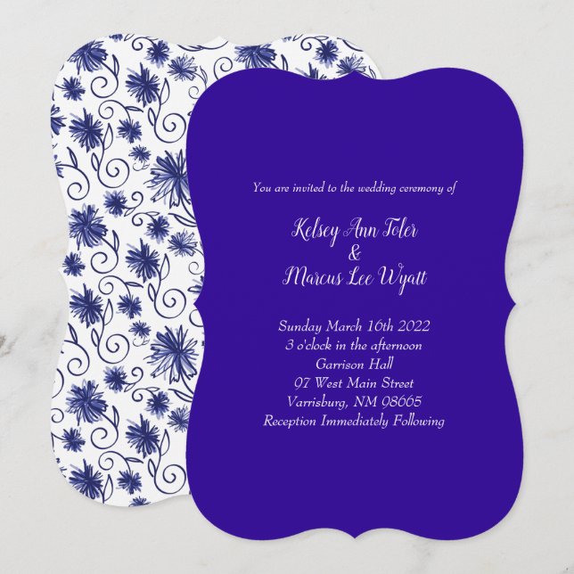 Royal Blue Aster Flower Wedding Invitations (Front/Back)