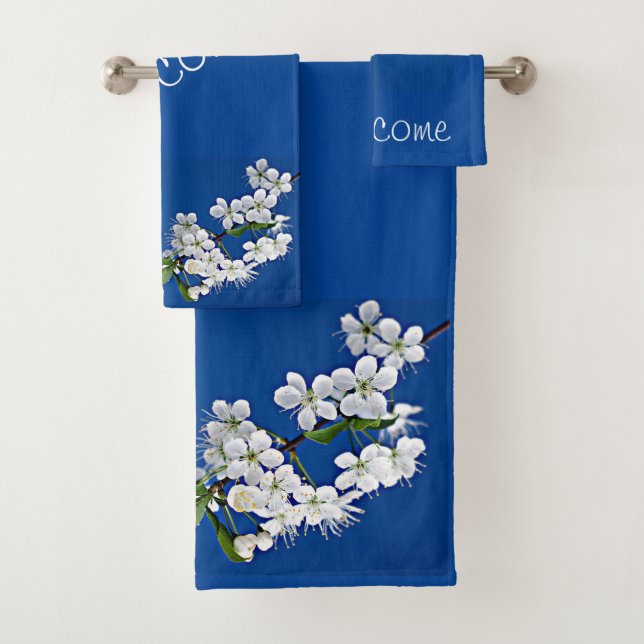Royal Blue Background with beautiful White Flowers Bath Towel Set (Insitu)