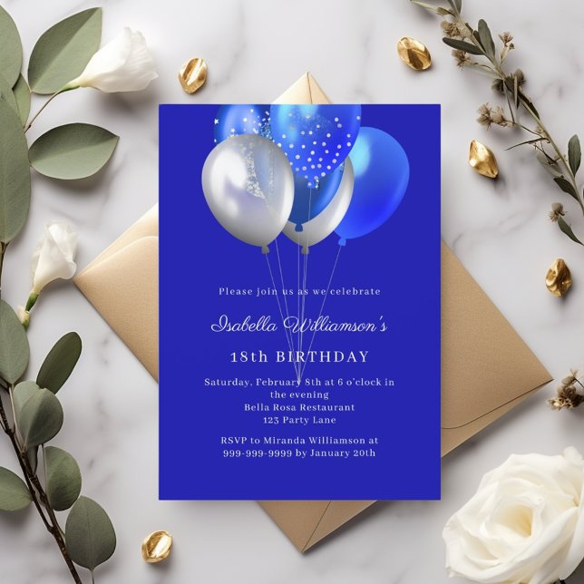 Royal blue balloons birthday invitation postcard (Creator Uploaded)
