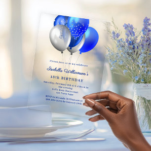 Royal blue balloons clear luxury birthday acrylic invitations