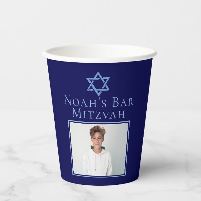 Royal Blue Bar Mitzvah Photo Star of David Party Paper Cups (Front)