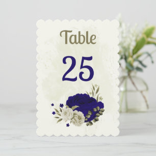 Royal blue beige floral table number card