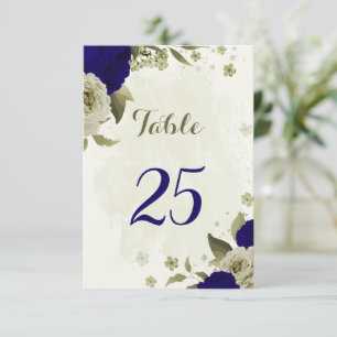 Royal blue beige floral table number card