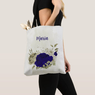 Royal blue beige floral tote bag