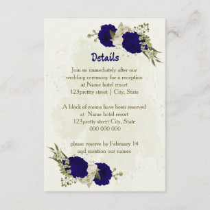 Royal blue beige floral wedding details enclosure card