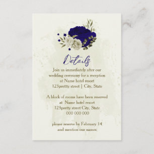 Royal blue beige floral wedding details enclosure card
