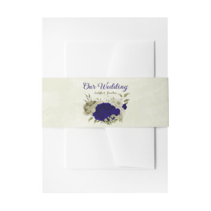 Royal blue beige floral wedding invitation belly band