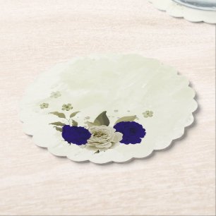 Royal blue beige floral wedding paper coaster