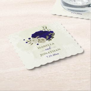 Royal blue beige floral wedding paper coaster