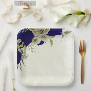 Royal blue beige floral wedding paper plate