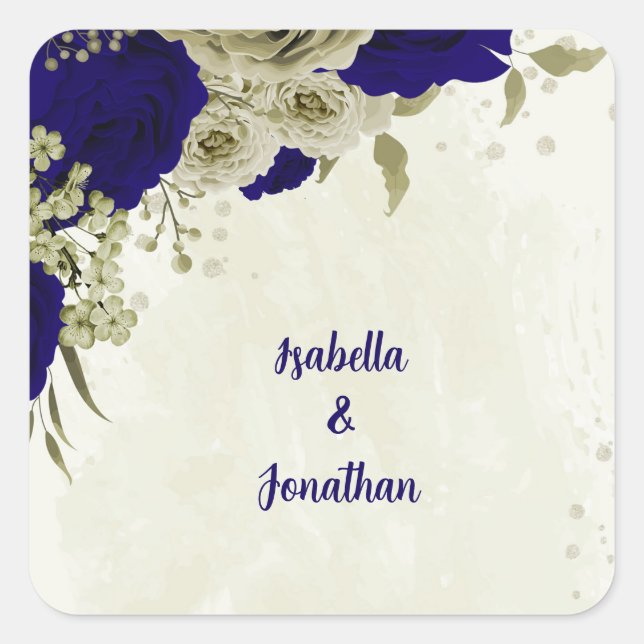 Royal blue beige floral wedding square sticker (Front)