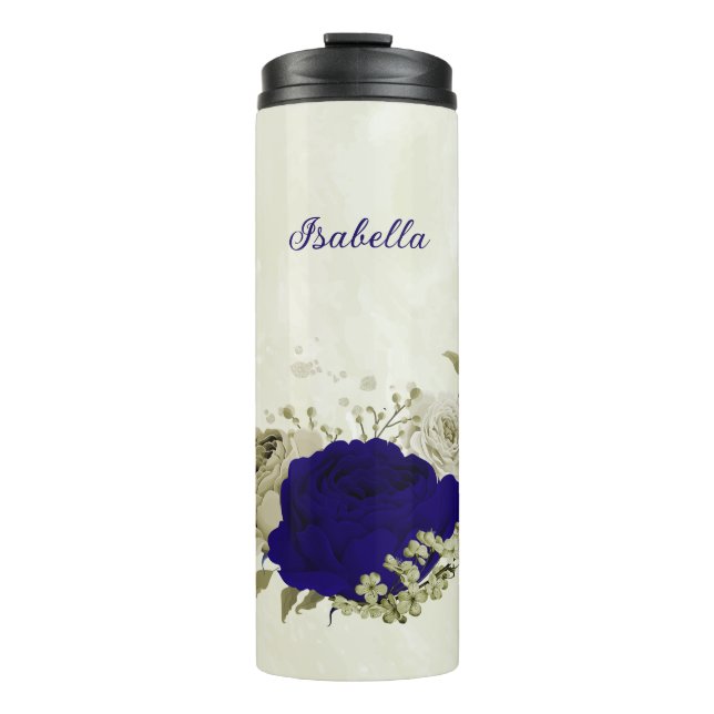 Royal blue beige floral wedding thermal tumbler (Front)