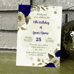 Royal blue beige flowers botanical birthday invitation