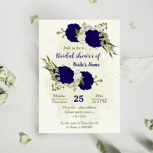 Royal blue beige flowers botanical bridal shower invitation