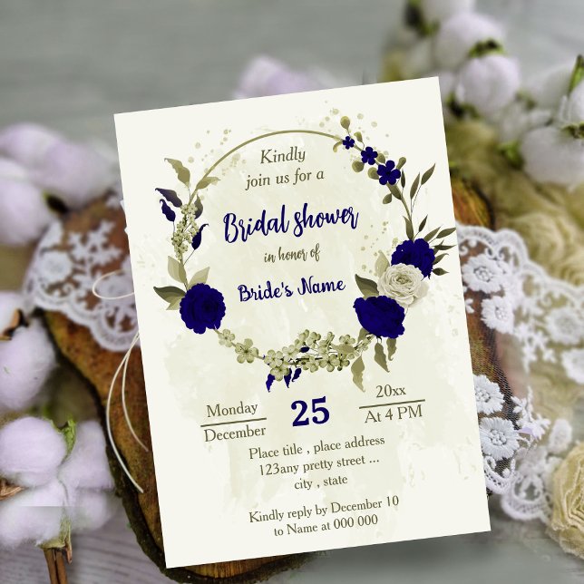 Royal blue beige flowers botanical bridal shower invitation (Creator Uploaded)