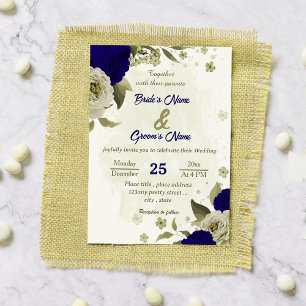 Royal blue beige flowers botanical wedding invitation