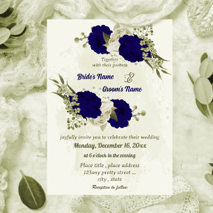 Royal blue beige flowers botanical wedding invitation