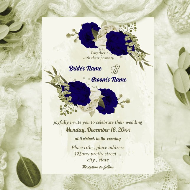 Royal blue beige flowers botanical wedding invitation (Creator Uploaded)