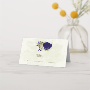 Royal blue beige flowers botanical wedding place card