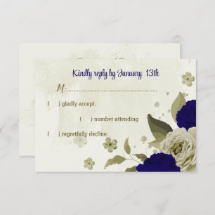Royal blue beige flowers botanical wedding RSVP card