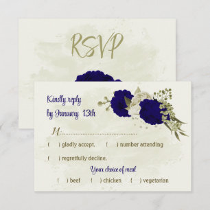 Royal blue beige flowers botanical wedding RSVP card