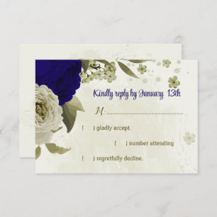 Royal blue beige flowers botanical wedding RSVP card
