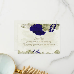 Royal blue beige flowers botanical wedding thank you card