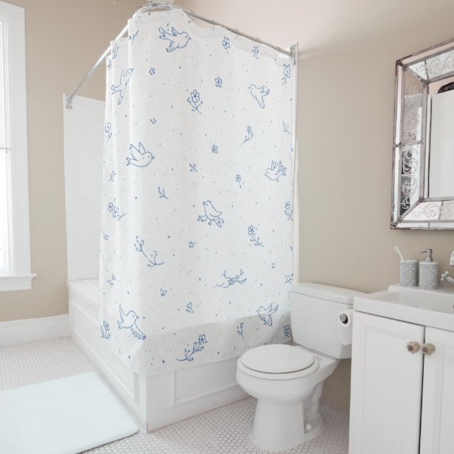 Royal Blue Bird Shower Curtain (In Situ)