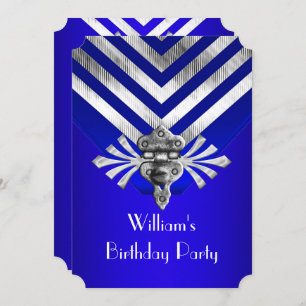 Royal Blue Birthday Party Silver Stripe Invitation