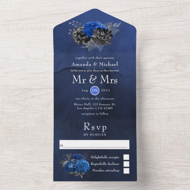 Royal Blue, Black and Silver Floral Wedding All In One Invitation (Inside)