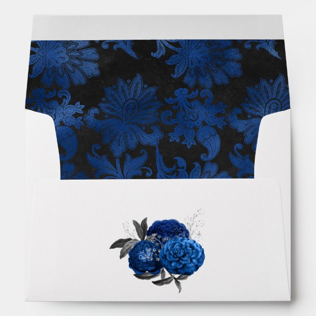 Royal Blue, Black and Silver Floral Wedding Envelope (Back (Bottom))